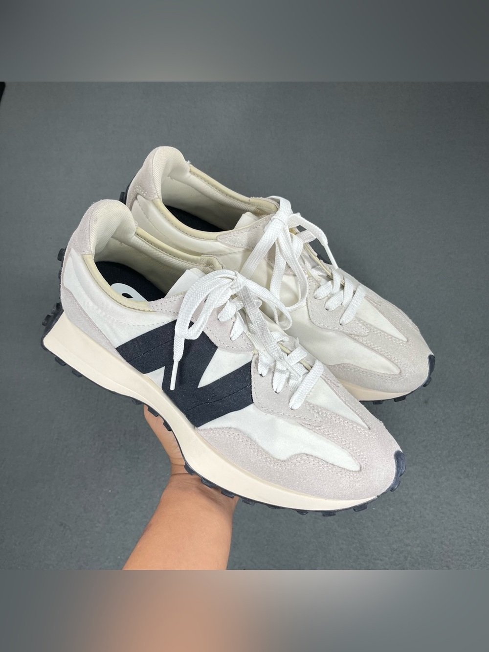 New Balance 327 Sea Salt, White Black Men’s size 9 Women’s size 10